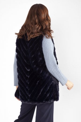 JAYLEY Navy Faux Fur Faux Suede Diagonal Striped Long Gilet | Waistcoat