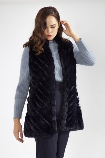 JAYLEY Navy Faux Fur Faux Suede Diagonal Striped Long Gilet | Waistcoat