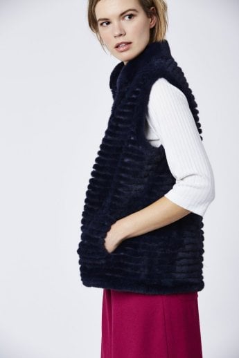 JAYLEY Navy Faux Fur Faux Suede Gilet | Waistcoat