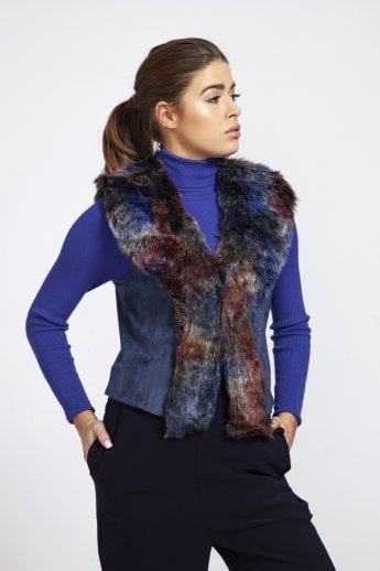 JAYLEY Navy Faux Fur Faux Suede Gilet | Waistcoat