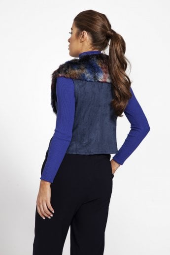 JAYLEY Navy Faux Fur Faux Suede Gilet | Waistcoat