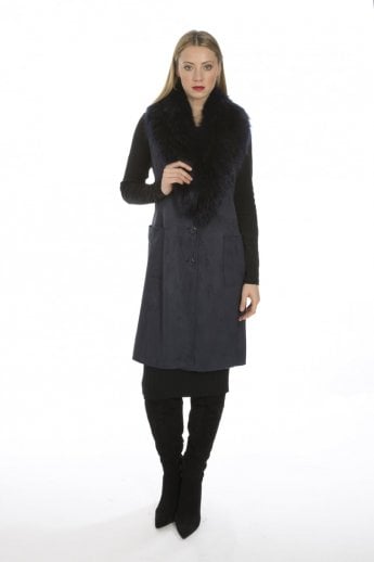 JAYLEY Navy Faux Fur Faux Suede Gilet | Waistcoat