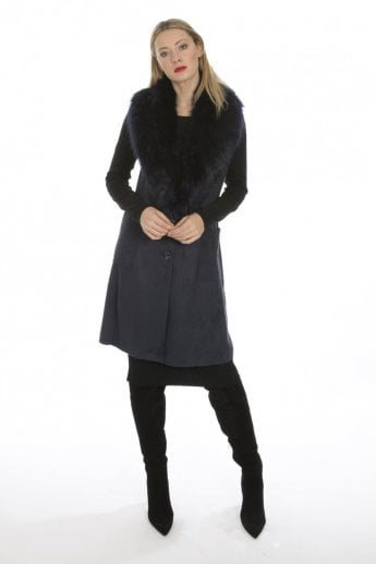 JAYLEY Navy Faux Fur Faux Suede Gilet | Waistcoat