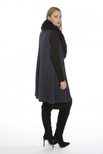 JAYLEY Navy Faux Fur Faux Suede Gilet | Waistcoat