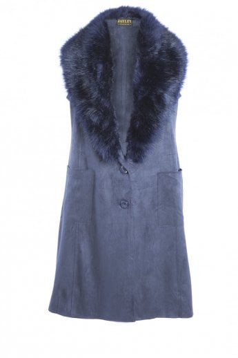 JAYLEY Navy Faux Fur Faux Suede Gilet | Waistcoat