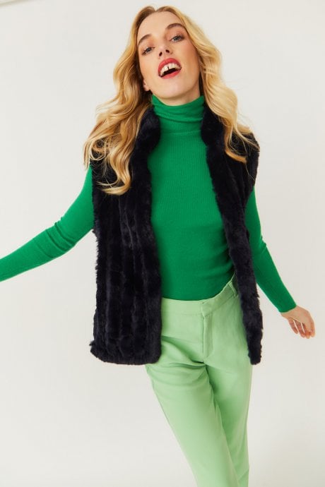 JAYLEY Navy Faux Fur Gilet | Waistcoat