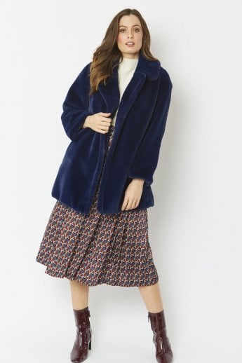 JAYLEY Navy Faux Fur Midi Coat