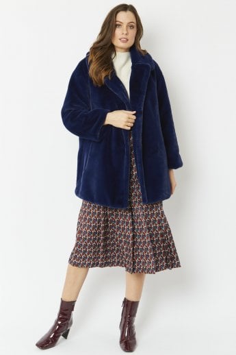 JAYLEY Navy Faux Fur Midi Coat