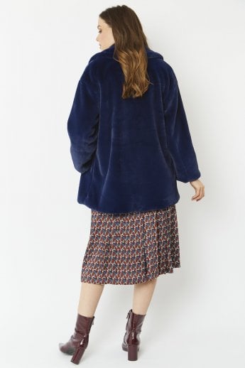 JAYLEY Navy Faux Fur Midi Coat