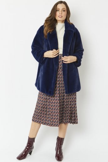 JAYLEY Navy Faux Fur Midi Coat