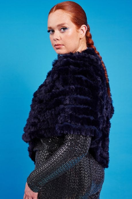 JAYLEY Navy Faux Fur Poncho