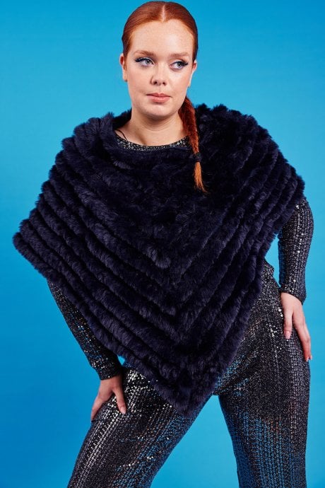 JAYLEY Navy Faux Fur Poncho