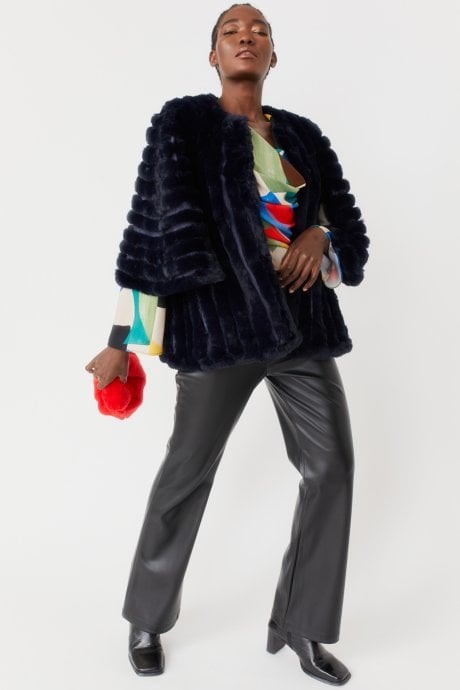 JAYLEY Navy Faux Fur Striped Coat