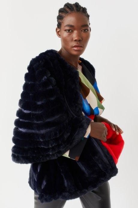 JAYLEY Navy Faux Fur Striped Coat