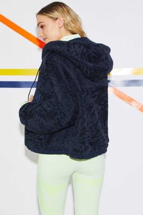 JAYLEY Navy Faux Shearling Reversible Hoodie Bomber Jacket