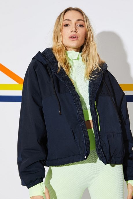 JAYLEY Navy Faux Shearling Reversible Hoodie Bomber Jacket