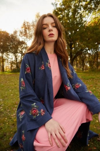 JAYLEY Navy Faux Suede Embroidered Coat