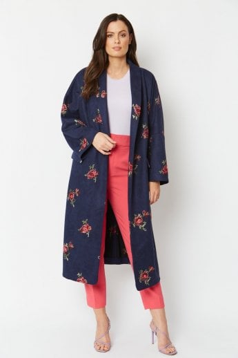 JAYLEY Navy Faux Suede Embroidered Coat