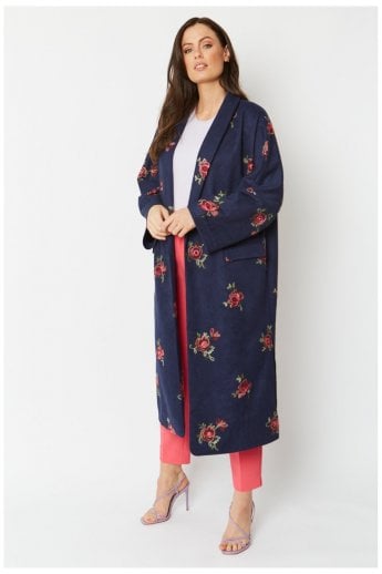 JAYLEY Navy Faux Suede Embroidered Coat