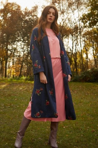 JAYLEY Navy Faux Suede Embroidered Coat