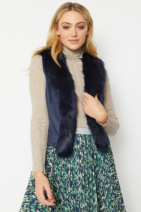 JAYLEY Navy Faux Suede Gilet | Waistcoat With Faux Fur Collar