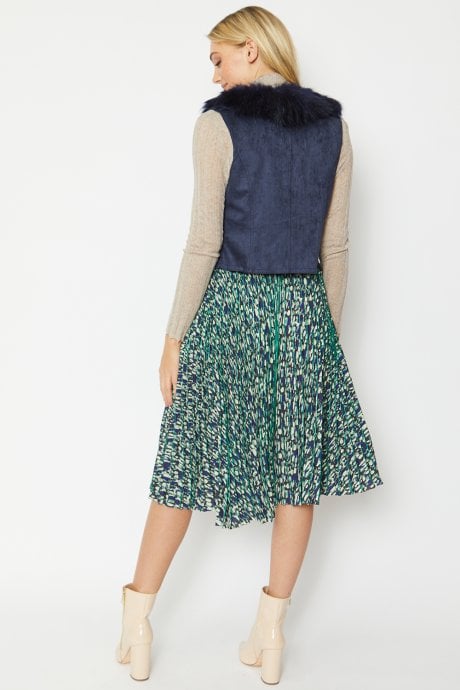 JAYLEY Navy Faux Suede Gilet | Waistcoat With Faux Fur Collar