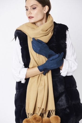 JAYLEY Navy Faux Suede Gloves With Faux Fur Pom
