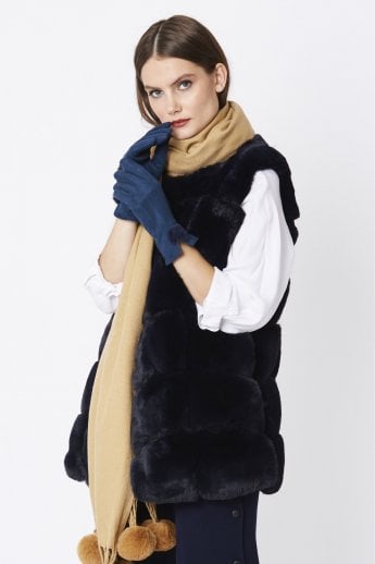 JAYLEY Navy Faux Suede Gloves With Faux Fur Pom