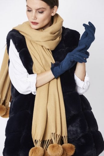 JAYLEY Navy Faux Suede Gloves With Faux Fur Pom