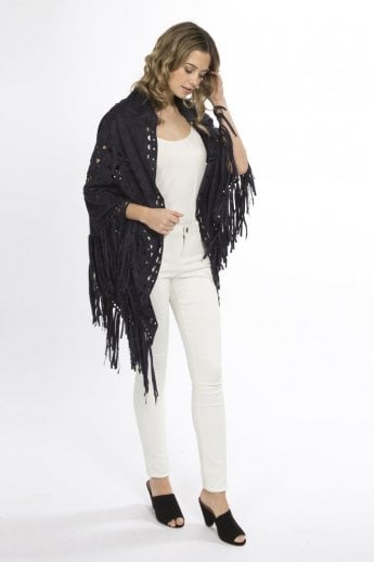 JAYLEY Navy Gwenna Faux Suede Cape
