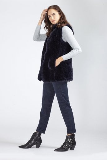 JAYLEY Navy Hand Knitted Faux Fur Gilet | Waistcoat