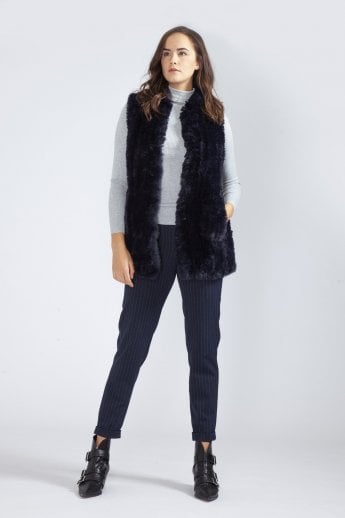 JAYLEY Navy Hand Knitted Faux Fur Gilet | Waistcoat
