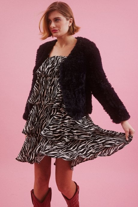 JAYLEY Navy Hand Knitted V-Neck Faux Fur Coat