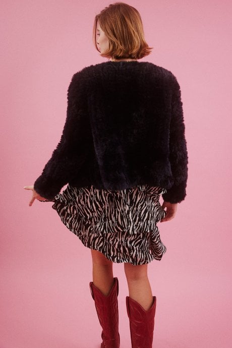 JAYLEY Navy Hand Knitted V-Neck Faux Fur Coat