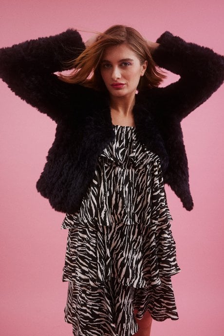 JAYLEY Navy Hand Knitted V-Neck Faux Fur Coat