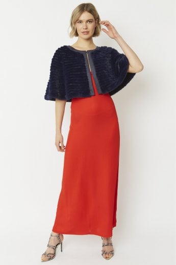JAYLEY Navy Ribbed Faux Fur Cropped Cape