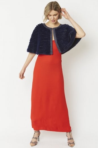 JAYLEY Navy Ribbed Faux Fur Cropped Cape