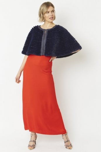 JAYLEY Navy Ribbed Faux Fur Cropped Cape