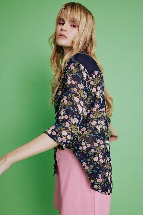 JAYLEY Navy Silk Blend Floral Shirt