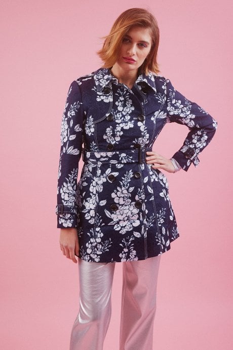 JAYLEY Navy Silk Blend Trench Coat