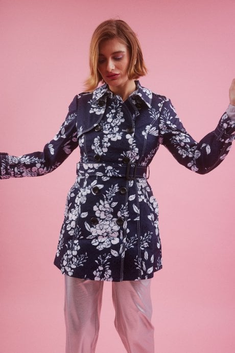 JAYLEY Navy Silk Blend Trench Coat