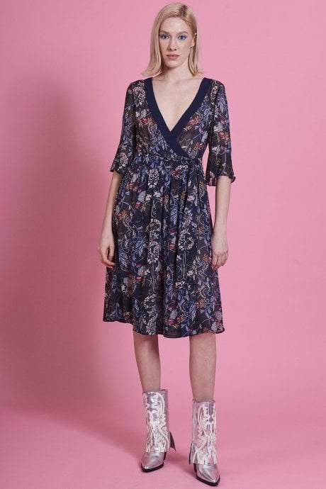 JAYLEY Navy Silk Floral Dress