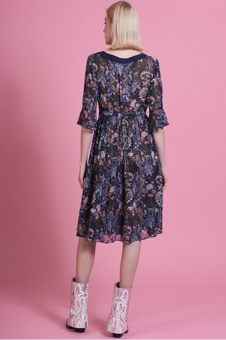 JAYLEY Navy Silk Floral Dress