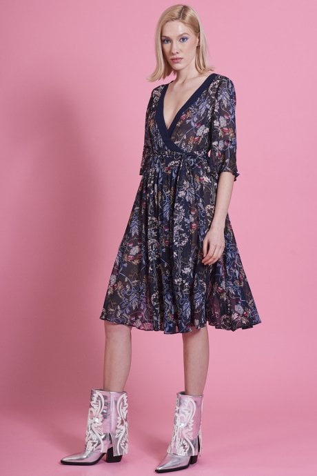 JAYLEY Navy Silk Floral Dress