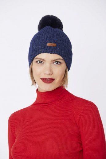 JAYLEY Navy Wool Faux Fur Pom Pom Hat
