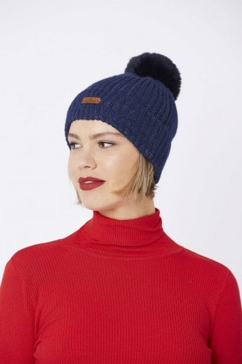 JAYLEY Navy Wool Faux Fur Pom Pom Hat