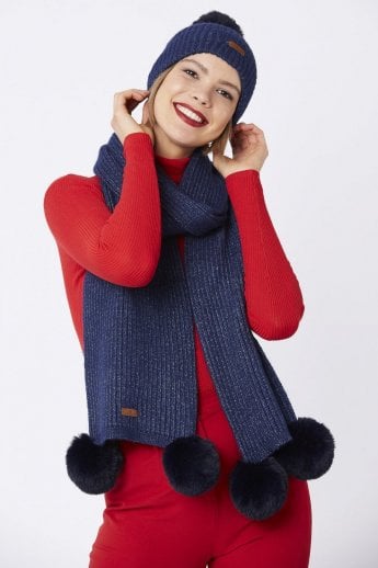 JAYLEY Navy Wool Faux Fur Pom Pom Hat