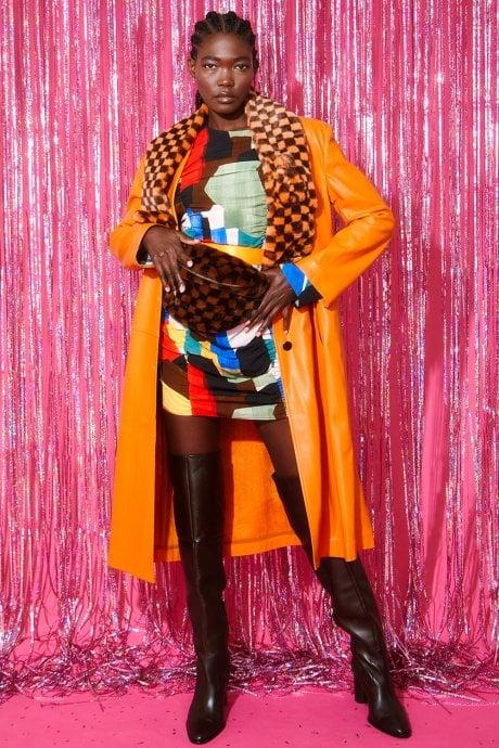 JAYLEY Orange and Black Checkered Faux fur Scarf with Bow Detail Fastening