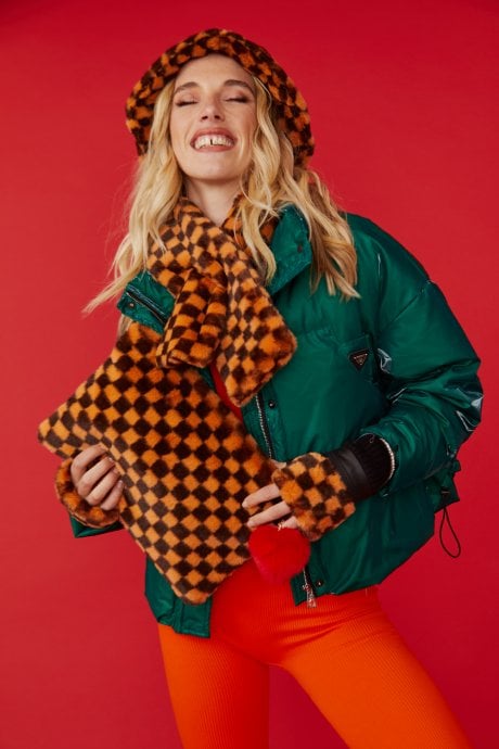 JAYLEY Orange and Black Checkered Luxury Faux Fur Bag