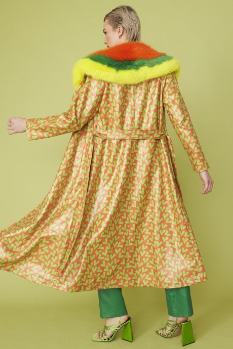 JAYLEY Orange And Green Love Heart Trench Coat With Oversized Faux Fur Collar